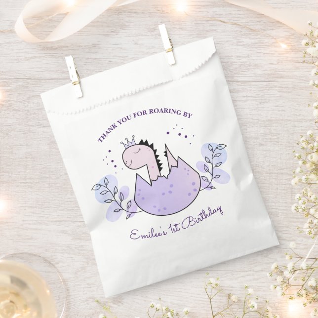 Dinosaur Birthday Party Pink Purple Thank You Favour Bag (Clipped)