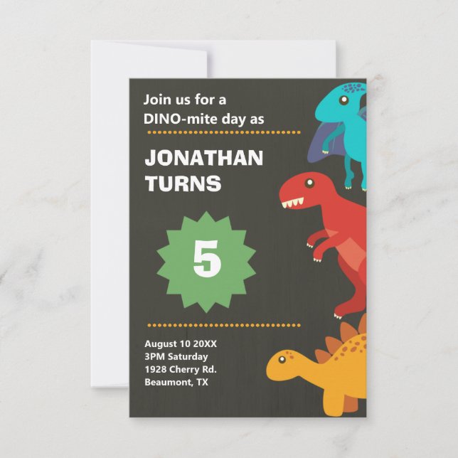 Dinosaur birthday party pun invitation (Front)