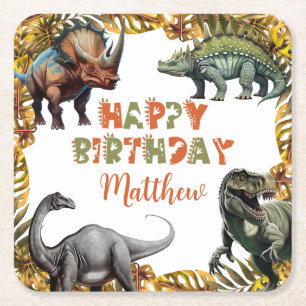 Dinosaur Birthday Party Square Paper Coaster