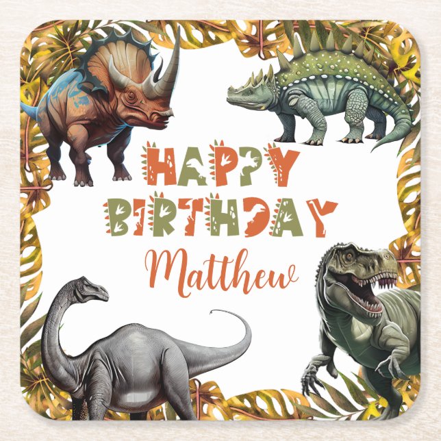 Dinosaur Birthday Party Square Paper Coaster (Front)