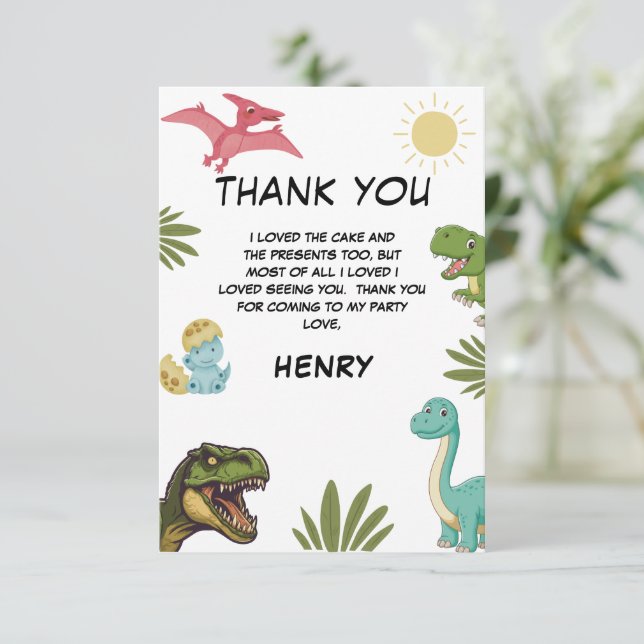 Dinosaur Birthday Party Thank You Card (Standing Front)