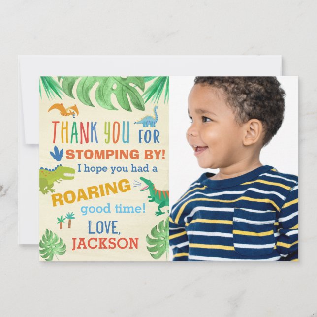 Dinosaur Birthday Party Thank You Card with Photo (Front)