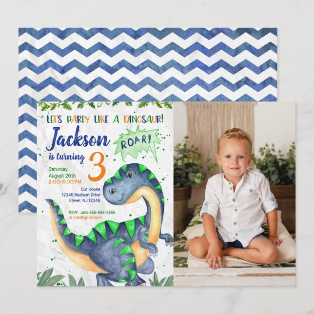 Dinosaur Birthday Photo Invitation for a Boy (Front/Back)