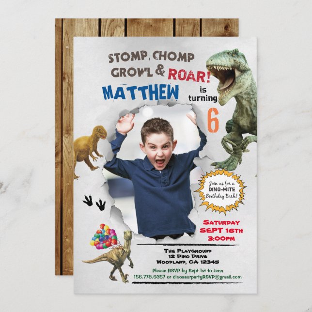 Dinosaur birthday photo invitation rustic (Front/Back)
