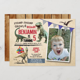 Dinosaur birthday photo invitation rustic