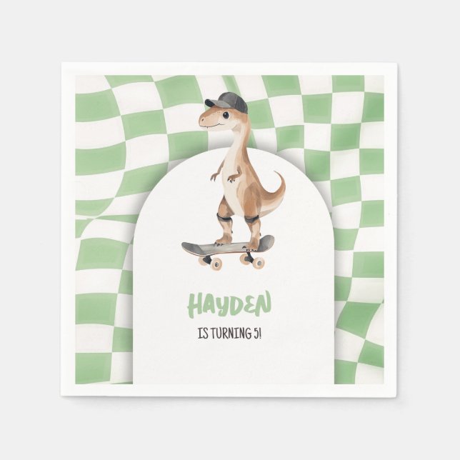 Dinosaur Birthday Retro T Rex Chequered Napkin (Front)