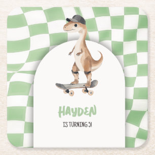 Dinosaur Birthday Retro T Rex Chequered Square Paper Coaster