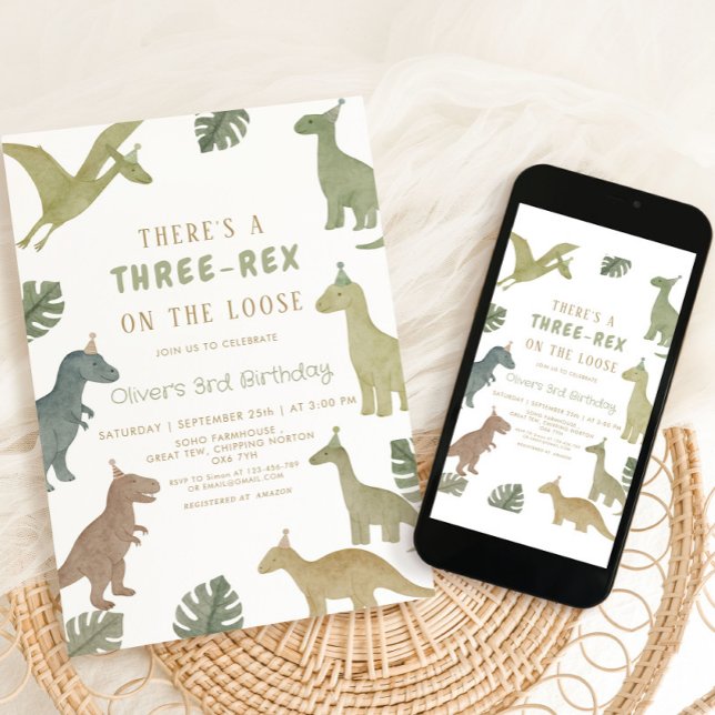 Dinosaur Birthday  Three Rex Boy Invitation (Creator Uploaded)