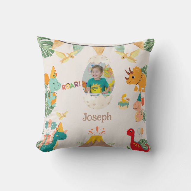 Dinosaur Birthday Throw Pillow – Name & Photo (Front)