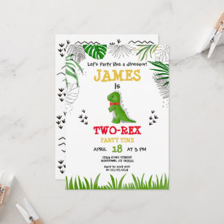 Dinosaur Birthday watercolor green yellow red  Invitation