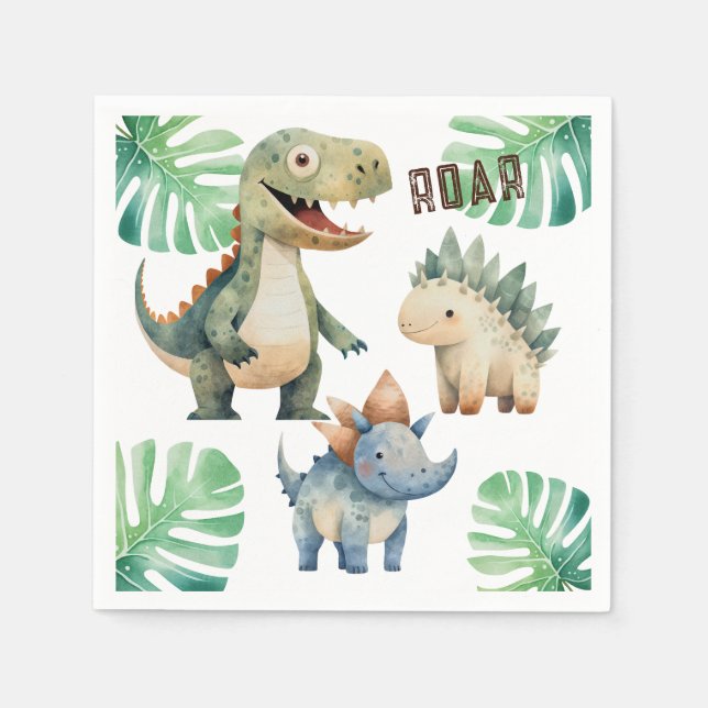 Dinosaur Birthday Watercolor Paper Napkin (Front)