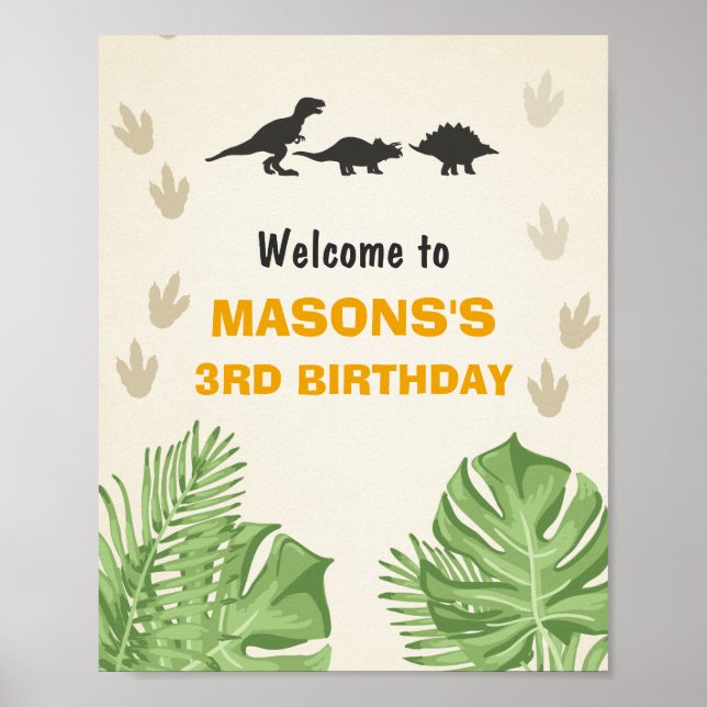 Dinosaur Birthday Welcome Sign Boy Leaves Party (Front)