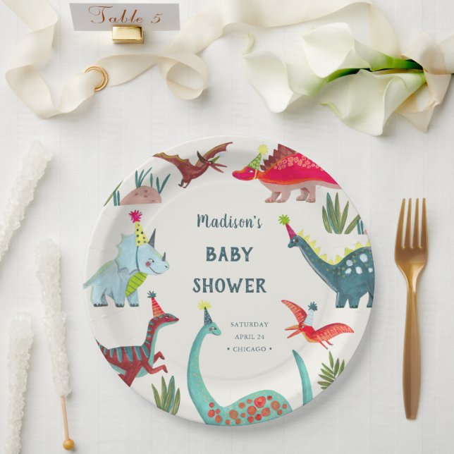 Dinosaur blue baby shower party paper plate (Wedding)