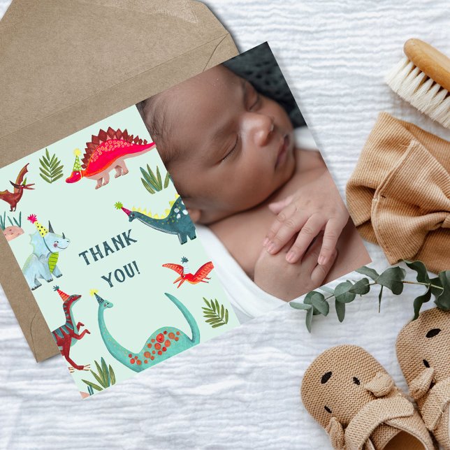 Dinosaur blue boy babyshower photo thank you card (Dinosaur blue boy babyshower photo thank you card)