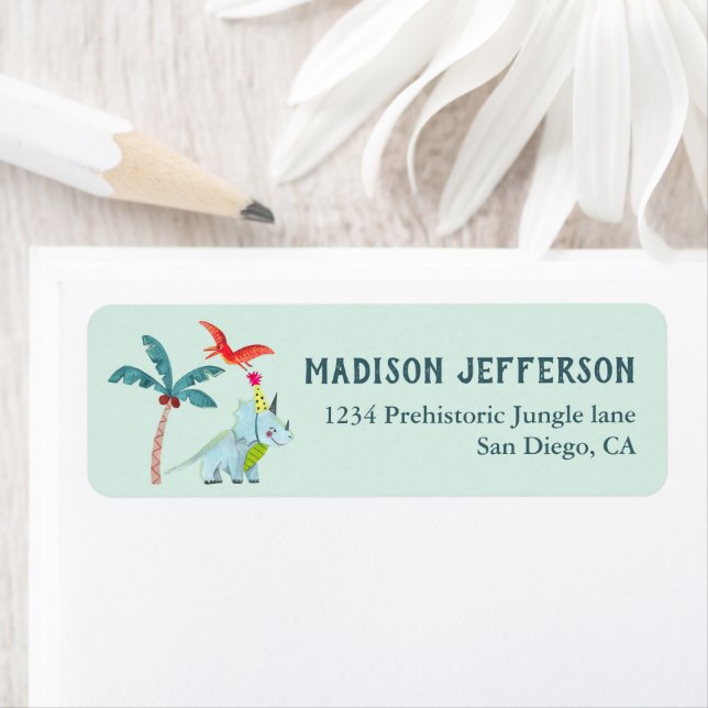 Dinosaur Blue Dino birthday party label (Insitu)