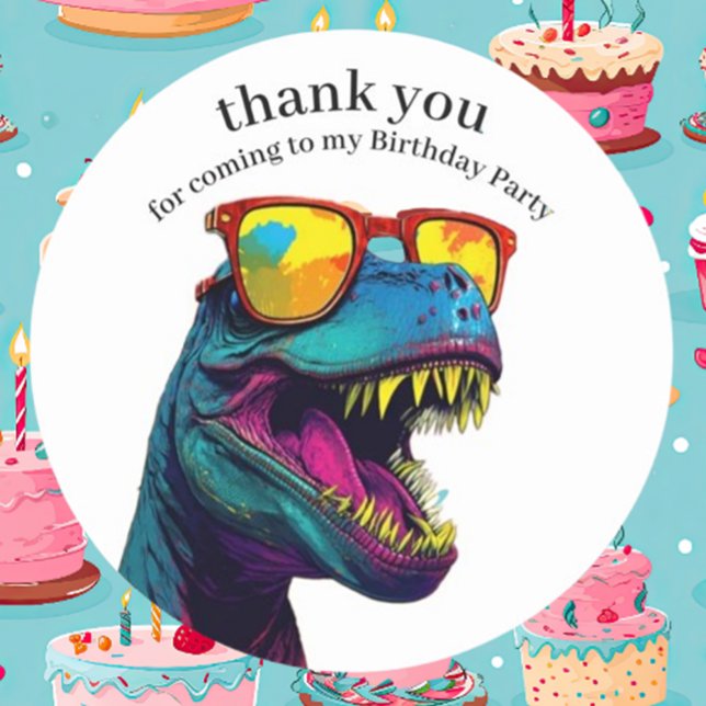 Dinosaur Blue Happy Birthday Thank You   Classic Round Sticker (Celebrate with our Dinosaur Blue Happy Birthday Thank You Stickers )