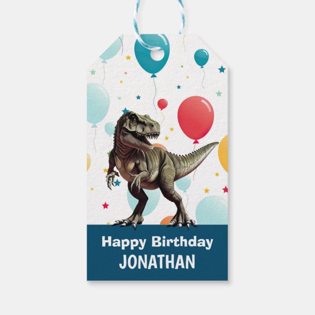 Dinosaur Blue Party Balloons Gift Tags (Back)