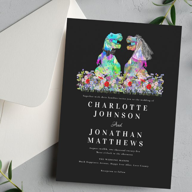 Dinosaur Boho Wildflower Black & White Wedding Invitation (Colorful Dinosaur boho wildflower black and white wedding invitation Fun T-Rex dino bride and groom)