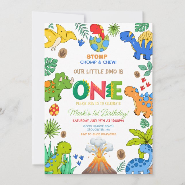 Dinosaur boy 1st birthday invitation (Front)