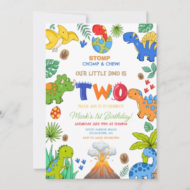 Dinosaur boy 2nd birthday invitation (Front)