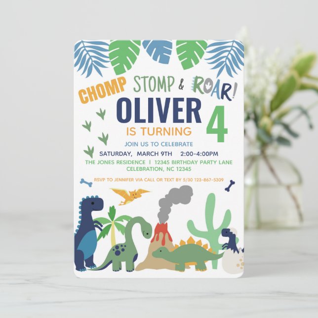Dinosaur Boy Blue Anniversaire Invitation (Debout devant)