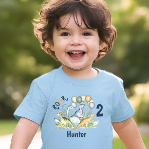 Dinosaur Boy Blue Green Name 2nd Birthday Toddler T-shirt