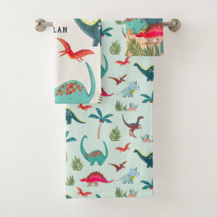 Dinosaur boy blue monogram all-over print kids bath towel set