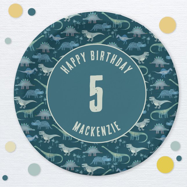 Dinosaur Boy Kids Birthday Party Dark Paper Plate (Dinosaur birthday party personalized paper plates)