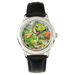 Dinosaur Boy Modern Green Trex Custom Name Kids Watch