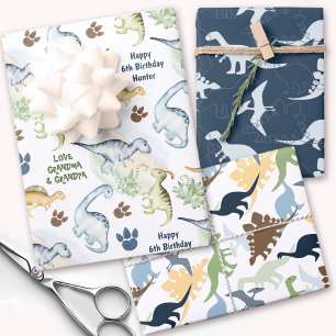 Dinosaur Boy Pastel Blue Green Name Wrapping Paper Sheet