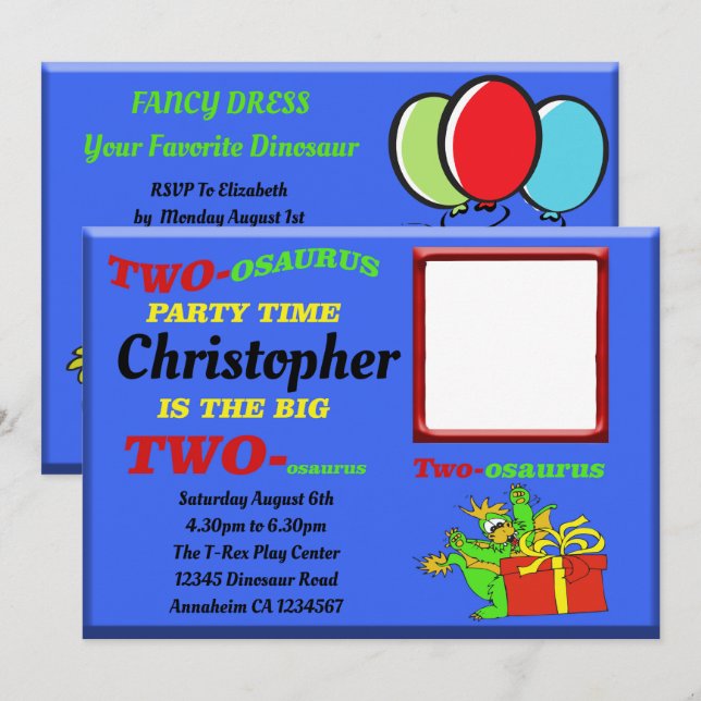 Dinosaur Boys Blue Two osaurus 2nd Second Birthday Invitation (Front/Back)