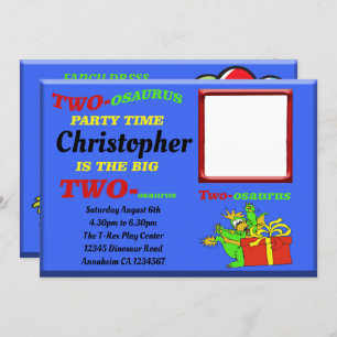 Dinosaur Boys Blue Two osaurus 2nd Second Birthday Invitation
