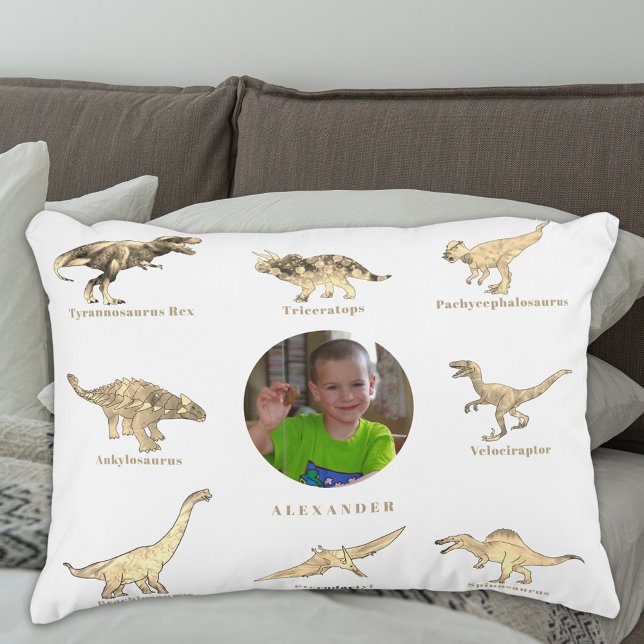 Dinosaur Boys Personalized Name and Photo Accent Pillow (Personalised dinosaur boys photo and name pillow Beige brown and white)