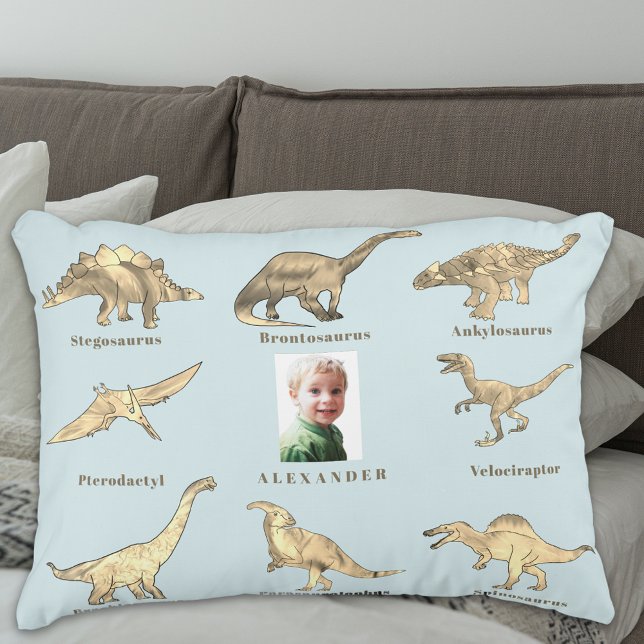 Dinosaur Boys Personalized Name and Photo Blue Accent Pillow (Boys dinosaur personalized photo blue pillow educational dinos with their names spelling fun design)