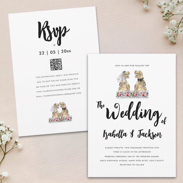 Dinosaur Bride and Groom Boho Wildflower Wedding Invitation (Dinosaur theme wildflower wedding invitation with T-Rex bride and groom wedding website rsvp qr code)