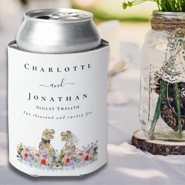 Dinosaur Bride and Groom Custom Wedding  Can Cooler (Funny Dinosaur T-Rex bride and groom custom wedding can coolers colorful wildflower florals)