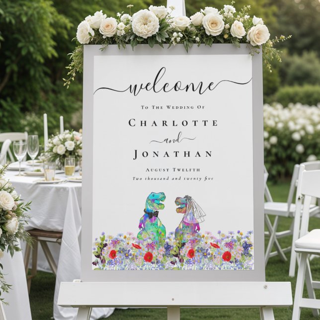Dinosaur Bride and Groom Custom Wedding Welcome Poster (Dinosaur bride and groom wedding welcome sign poster vibrant Colorful watercolor wildflower florals )