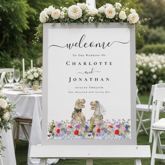 Dinosaur Bride and Groom Custom Wedding Welcome Poster (Dinosaur bride and groom custom wedding welcome sign Poster boho wildflower meadow colorful florals)