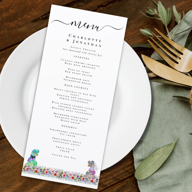 Dinosaur Bride and Groom Wedding Menu (Colorful Funny dinosaur bride and groom wedding menu with with wildflower florals )