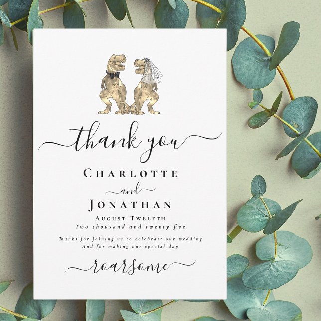 Dinosaur Bride and Groom Wedding Thank You Card (Funny dinosaur wedding thank you card T-Rex bride and groom dino elegant script)
