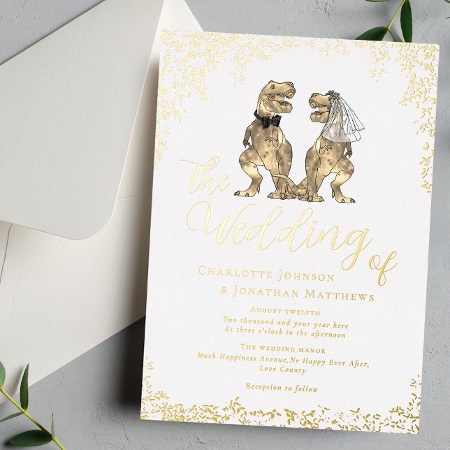 Dinosaur Bride and Groom Wedding White and Gold (Elegant Dinosaur theme wedding white and gold foil eucalyptus foliage invitation)