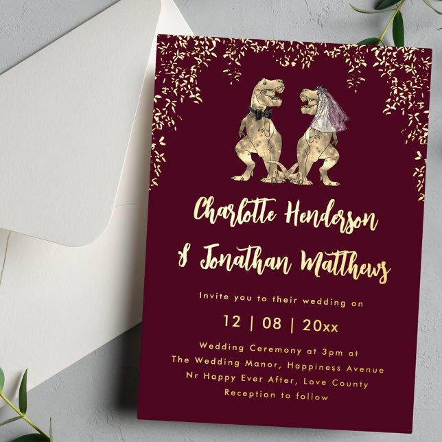 Dinosaur Bride & Groom Wedding Burgundy & Gold (Dinosaur T-Rex bride and groom burgundy and gold foil wedding invitation )