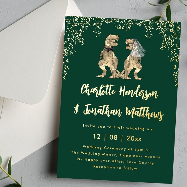 Dinosaur Bride & Groom Wedding Green & Gold (Dinosaur T-Rex bride and groom green and gold foil wedding invitation Jurassic eucalyptus foliage)