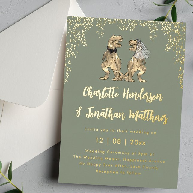 Dinosaur Bride & Groom Wedding Sage Green & Gold (Dinosaur T-Rex bride and groom sage green and gold foil wedding invitation )