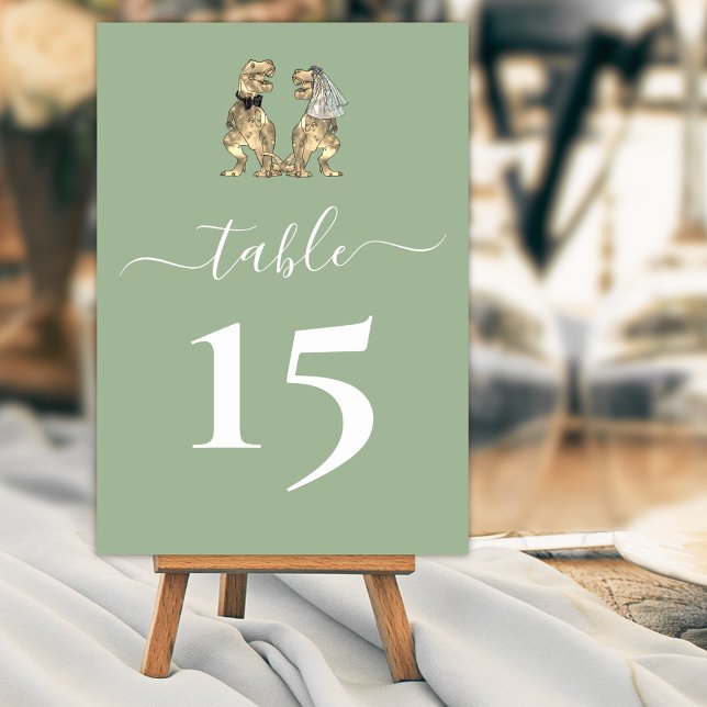 Dinosaur Bride & Groom Wedding Sage Green Table Number (Dinosaur wedding sage green & white custom table number card T-Rex dino bride & groom elegant modern)