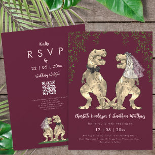Dinosaur Burgundy Blush Pink Wedding QR Code Invitation