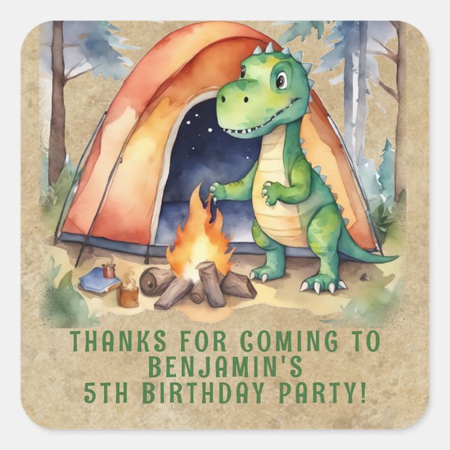 Dinosaur Campout Birthday Party Favour Square Sticker (Front)