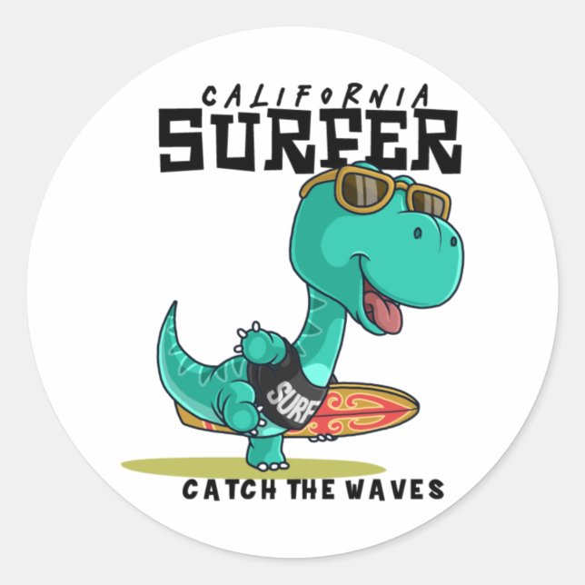 Dinosaur carrying a surfboard classic round sticker (Front)