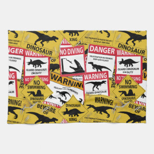 Dinosaur Caution Signs Kitchen Towel
