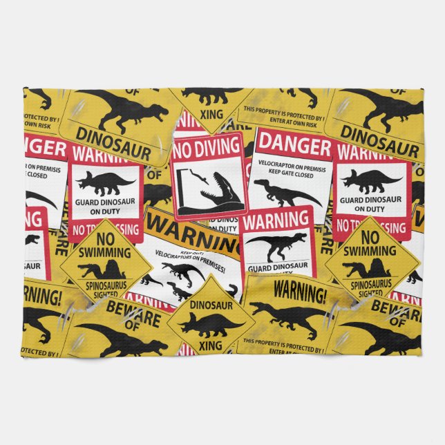 Dinosaur Caution Signs Kitchen Towel (Horizontal)
